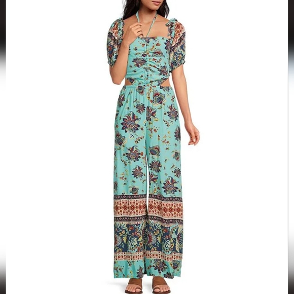 Free People Bali Citrus Skies Paisley Cut Out Back Detail Smocked Jumpsuit - Picture 6 of 6